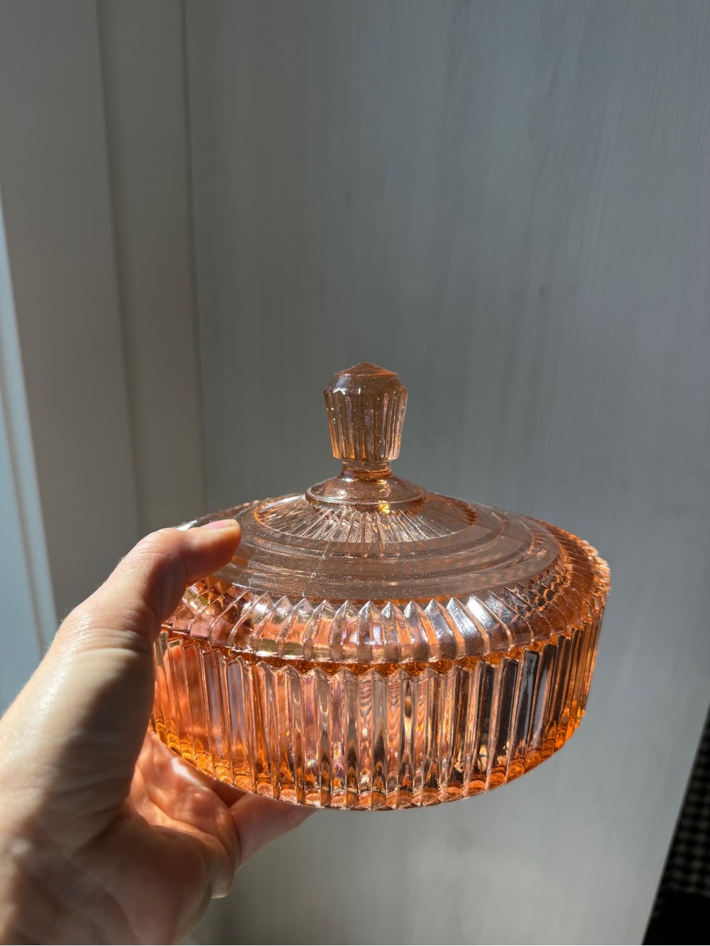 Pink Glass Covered Candy Dish Ribbed Trinket Bowl 8”